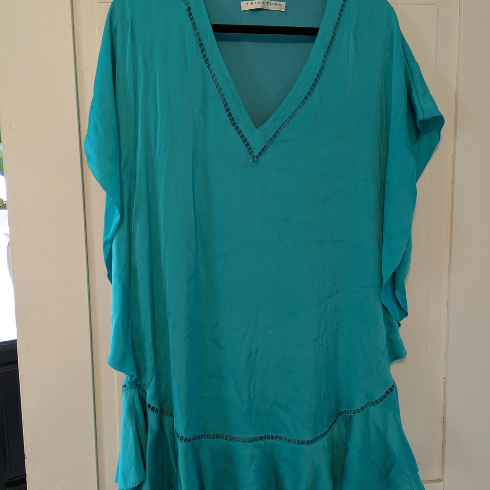 Trina Turk Turquoise Silk V-Neck Shift Dress